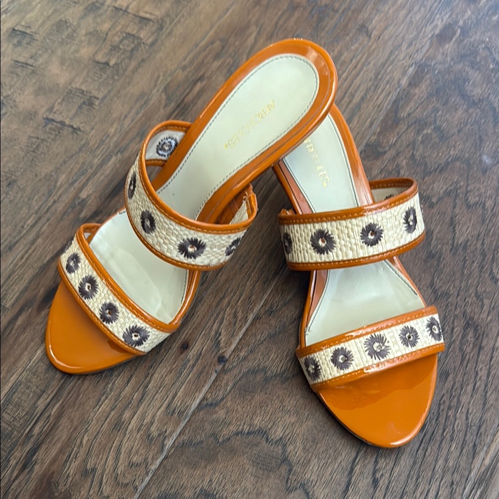 Aerosoles 2” Kitten Heel Slides, size 7M, “Sunbeam” Orange Combo, like new